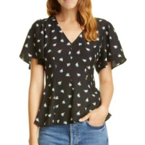 Rebecca Taylor Brigette Blouse Size 10 Hammered Silk Flutter Sleeve Black Floral - Picture 1 of 11